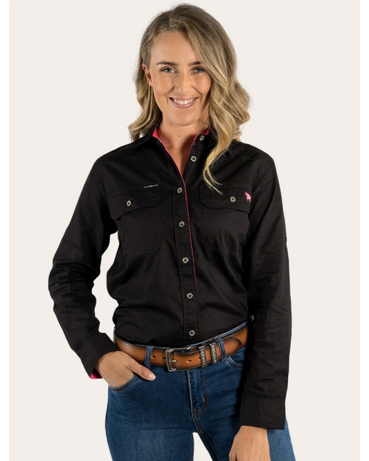 Ringers Western: Women's 100% Cotton "Pentecost River" Full-Button Work Shirt in Black - Texas Western New Zealand