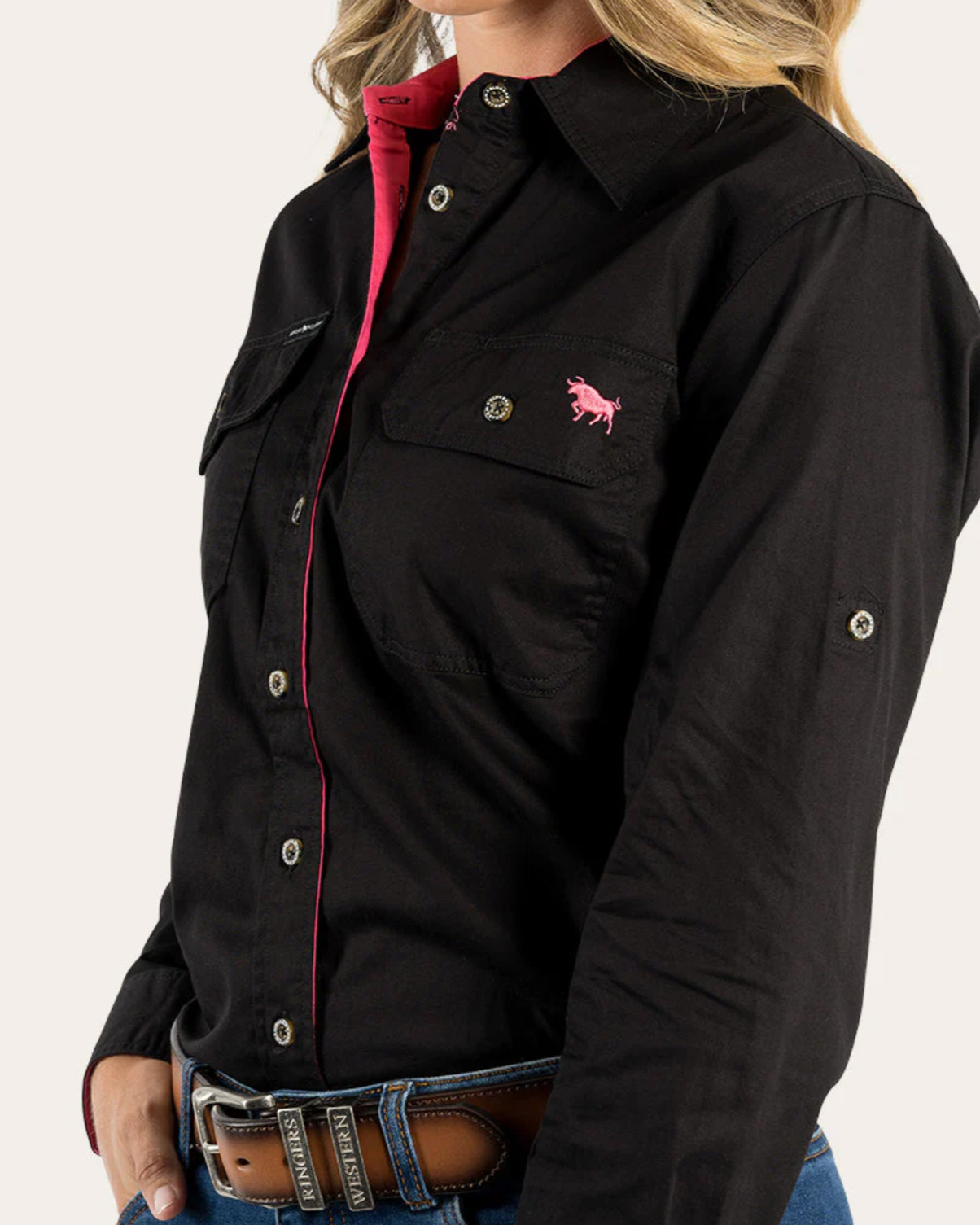 Ringers Western: Women's 100% Cotton Pentecost River Full-Button Work Shirt in Black - Texas Western New Zealand