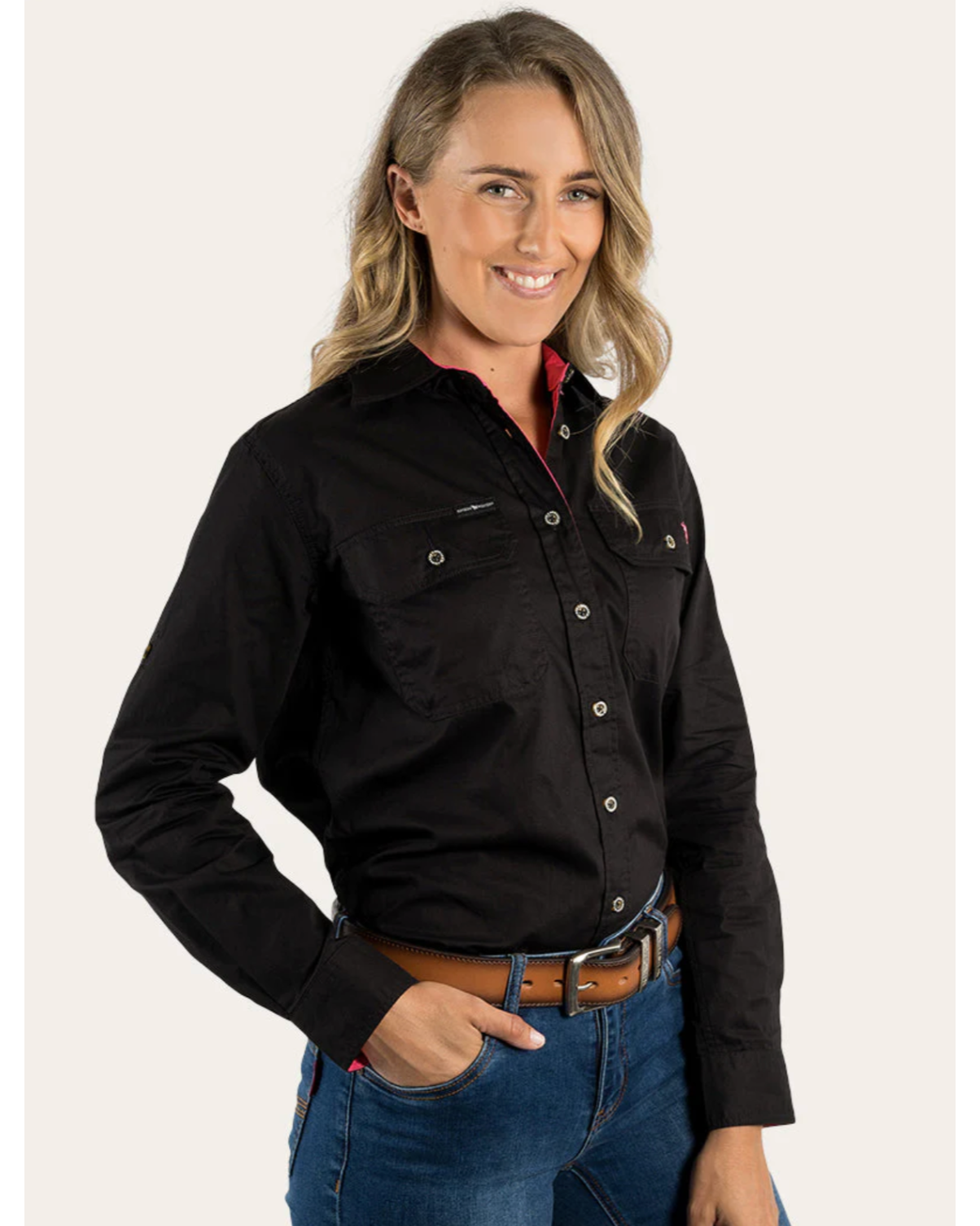 Ringers Western: Women's 100% Cotton Pentecost River Full-Button Work Shirt in Black - Texas Western New Zealand