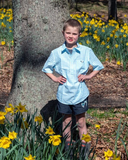 Luvabull: Kids/Boys 100% cotton "Billie" Short Sleeve Shirt in blue & white check - Texas Western New Zealand