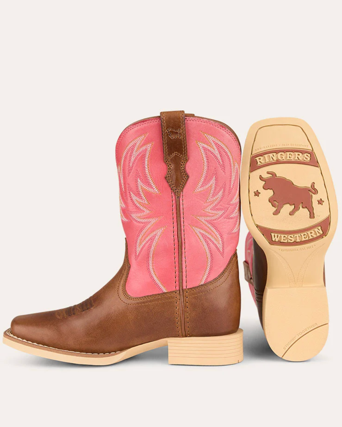 Ringers Western: Kids Leather Longreach Cowboy Boots in Pink and Brown with western stitching - Texas Western New Zealand