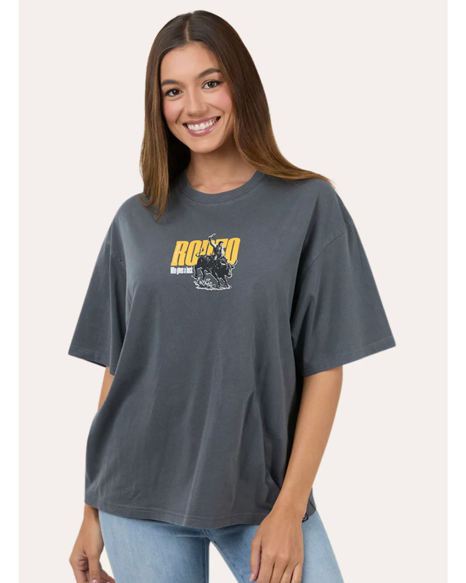 Ringers Western: Womans Rodeo Tee in Charcoal the yellow "rodeo" text - Texas Western New Zealand