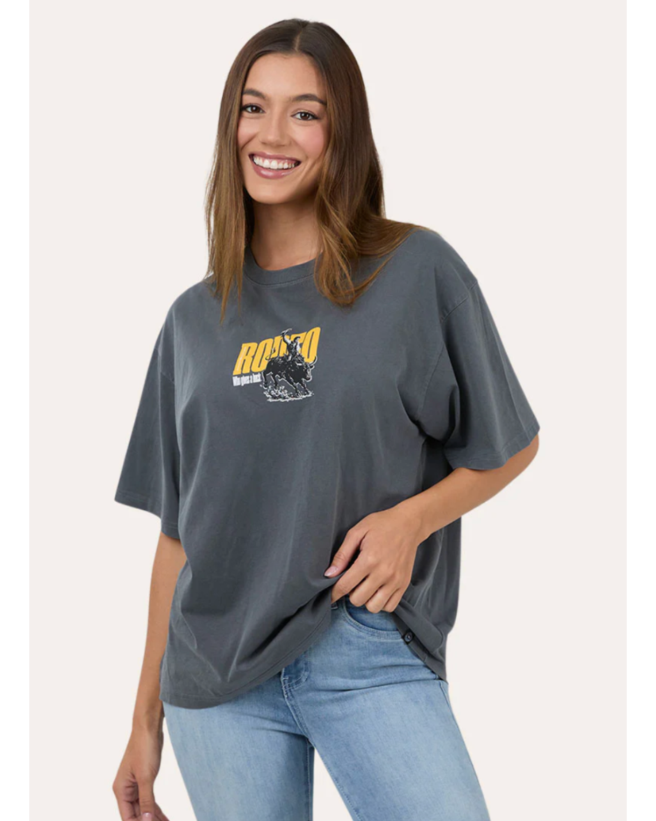 Ringers Western: Womans Rodeo Tee in Charcoal the yellow "rodeo" text - Texas Western New Zealand