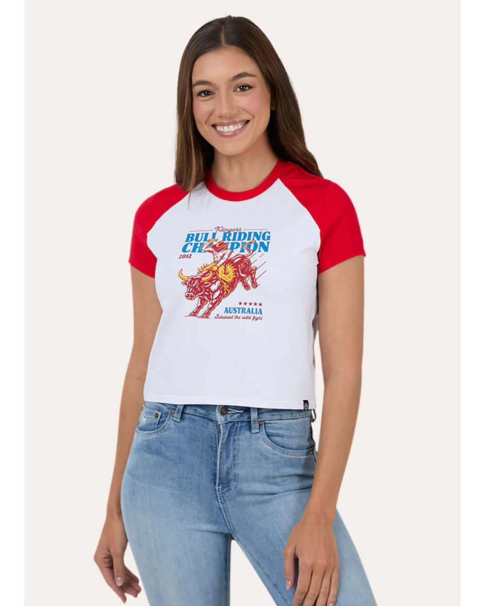 Ringers Western: Woman's Champion Raglan Baby Tee in white and Red with a bull riding graphic on the front  Texas Western New Zealand