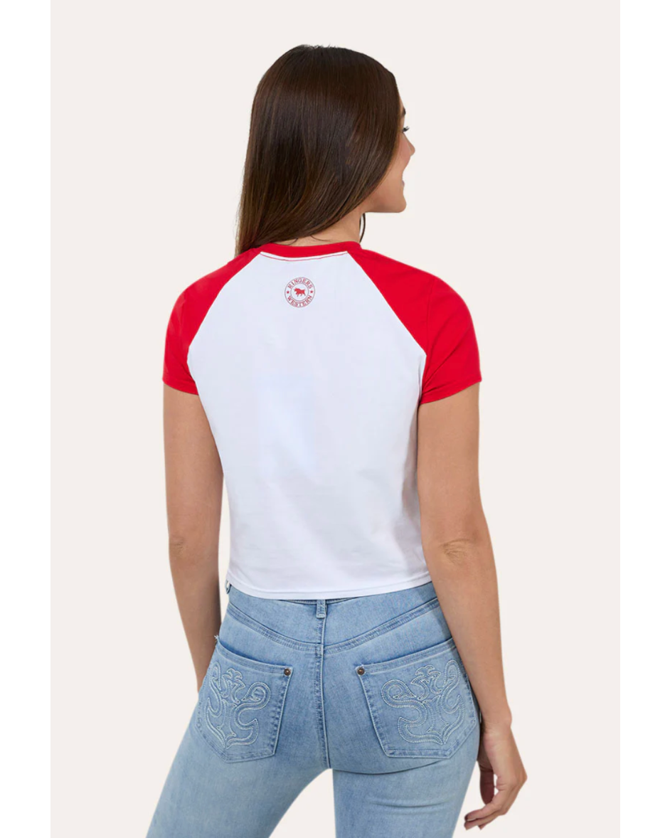 Ringers Western: Woman's Champion Raglan Baby Tee in white and Red with a bull riding graphic on the front  Texas Western New Zealand