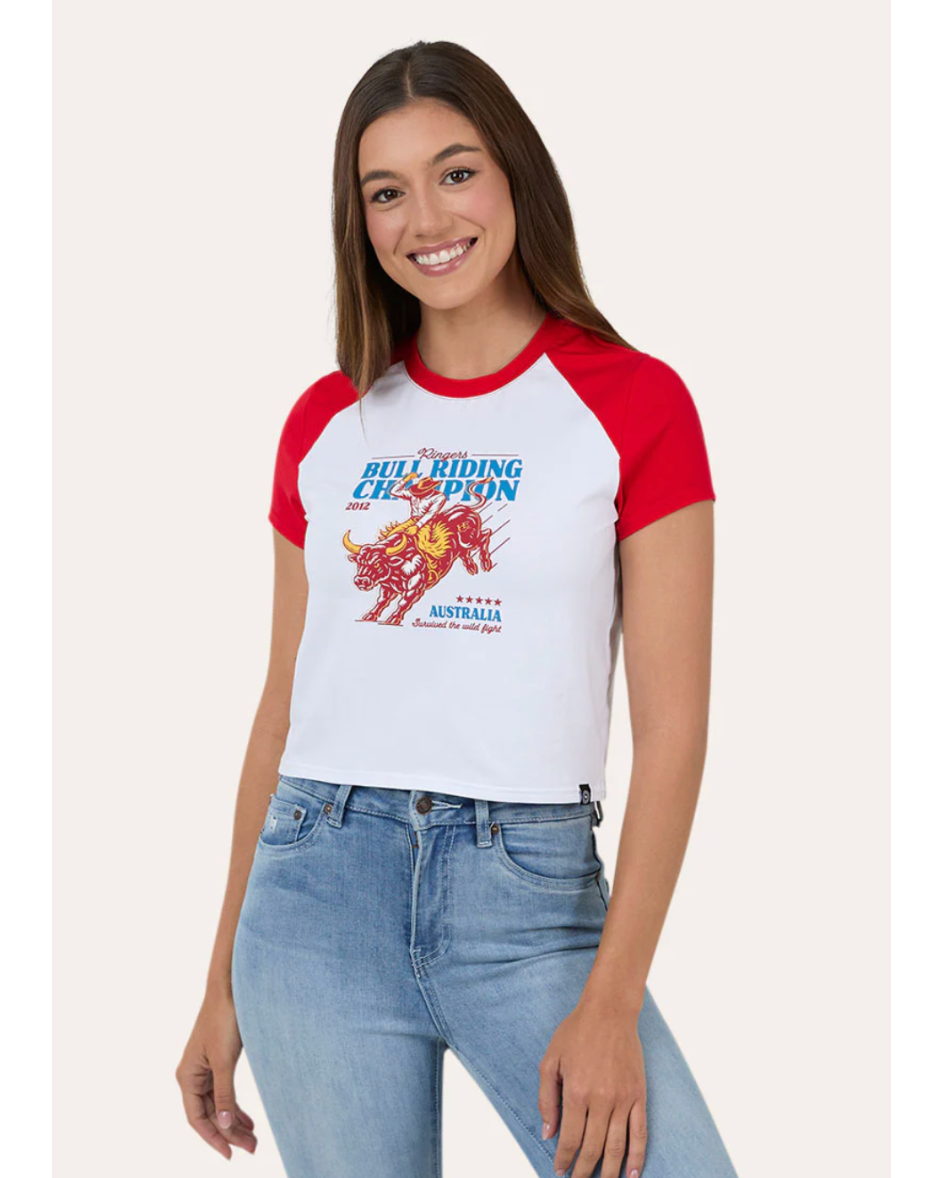 Ringers Western: Woman's Champion Raglan Baby Tee in white and Red with a bull riding graphic on the front  Texas Western New Zealand