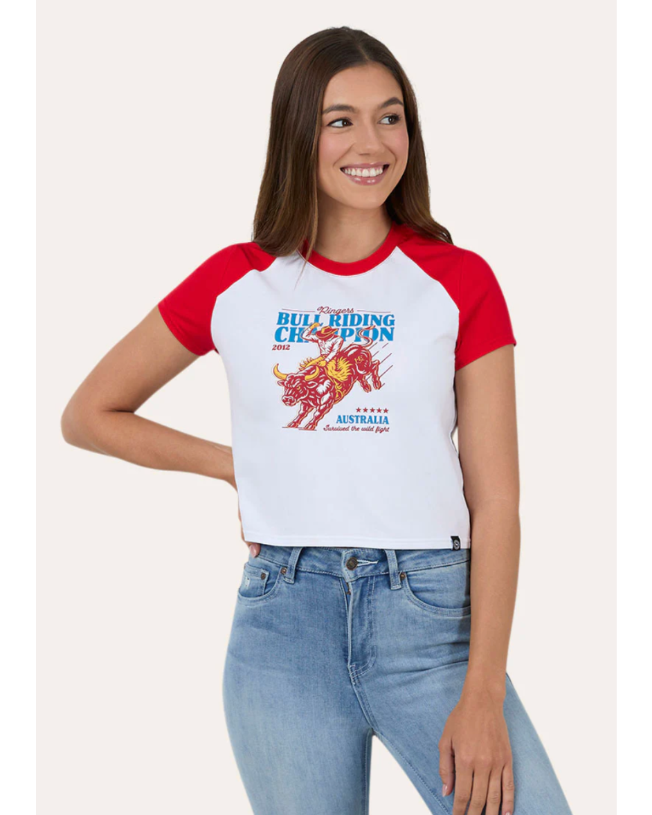 Ringers Western: Woman's Champion Raglan Baby Tee in white and Red with a bull riding graphic on the front  Texas Western New Zealand
