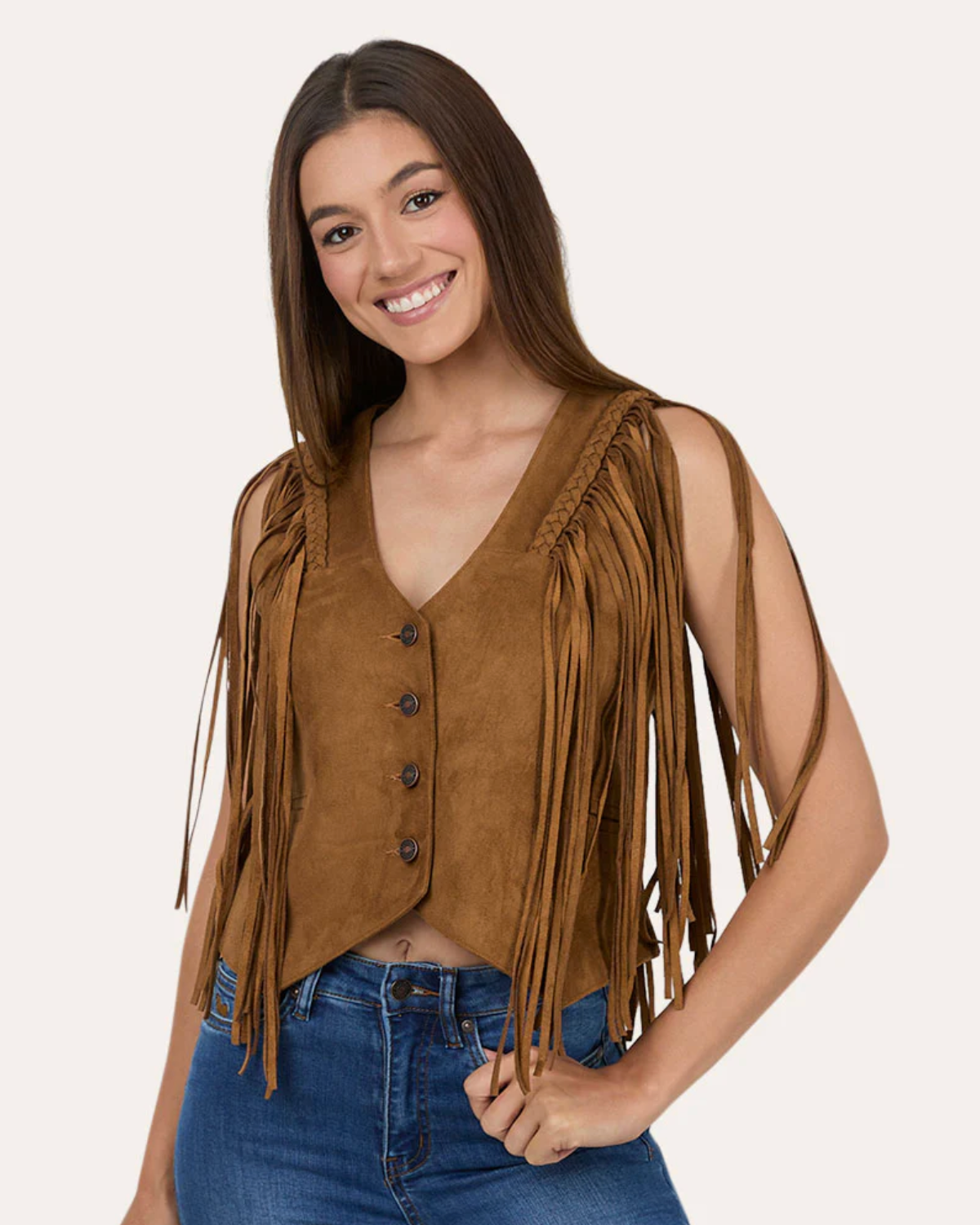 Ringers Western: Wanderlust Womens Faux Suede Fringe Vest in Brown - Texas Western New Zealand