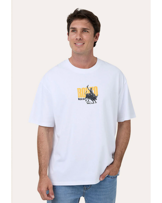 Ringers Western: Men's White Cotton Tee with a "rodeo graphic" on the front. Box Fit Tee 