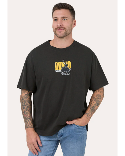 Ringers Western: Mens 100% Cotton Tee Shirt in Black with a "Rodeo Graphic" on the front - Texas Western New Zealand