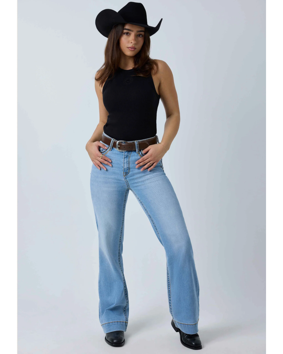 Ringers Western: Indi Rodeo Saddle Stitch Women's High Rise Wide Bootleg Jean in Light Blue - Texas Western New Zealand