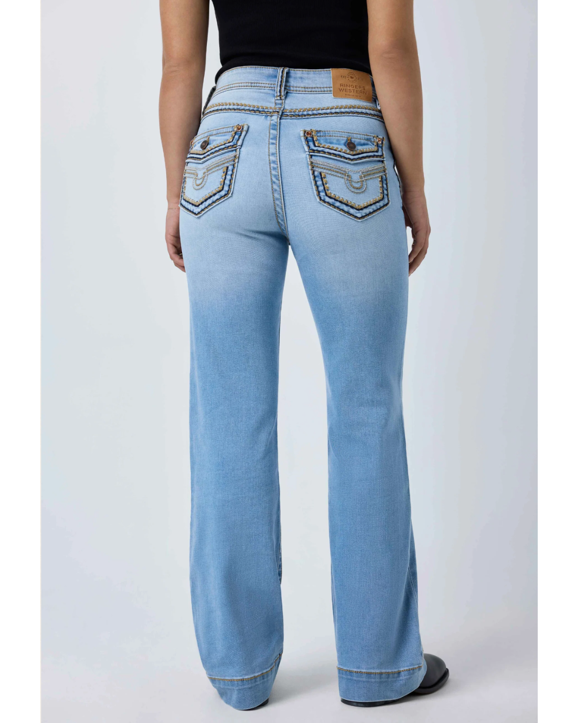 Ringers Western: Indi Rodeo Saddle Stitch Women's High Rise Wide Bootleg Jean in Light Blue - Texas Western New Zealand