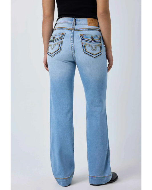 Ringers Western: Indi Rodeo Saddle Stitch Women's High Rise Wide Bootleg Jean in Light Blue - Texas Western New Zealand
