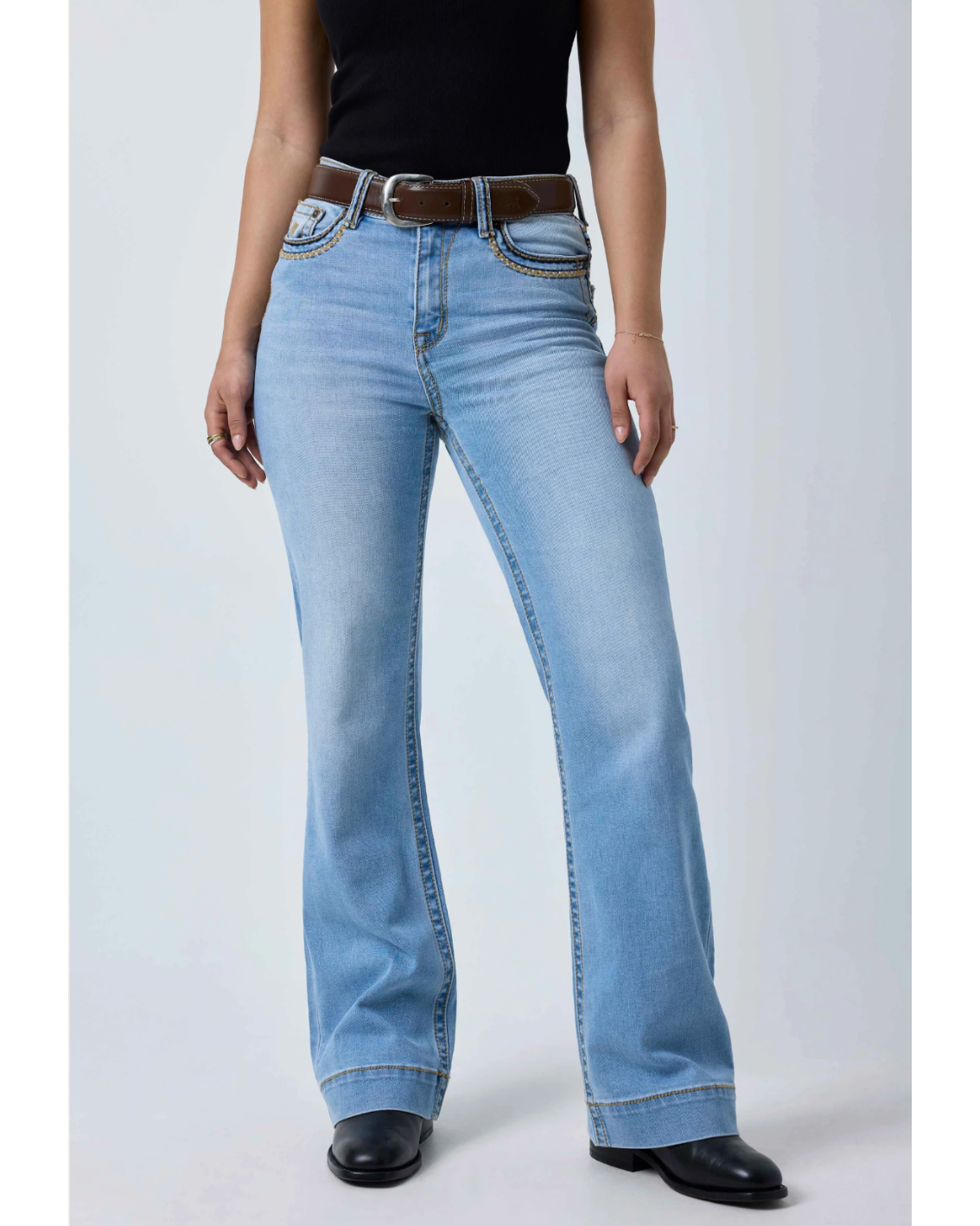 Ringers Western: Indi Rodeo Saddle Stitch Women's High Rise Wide Bootleg Jean in Light Blue - Texas Western New Zealand
