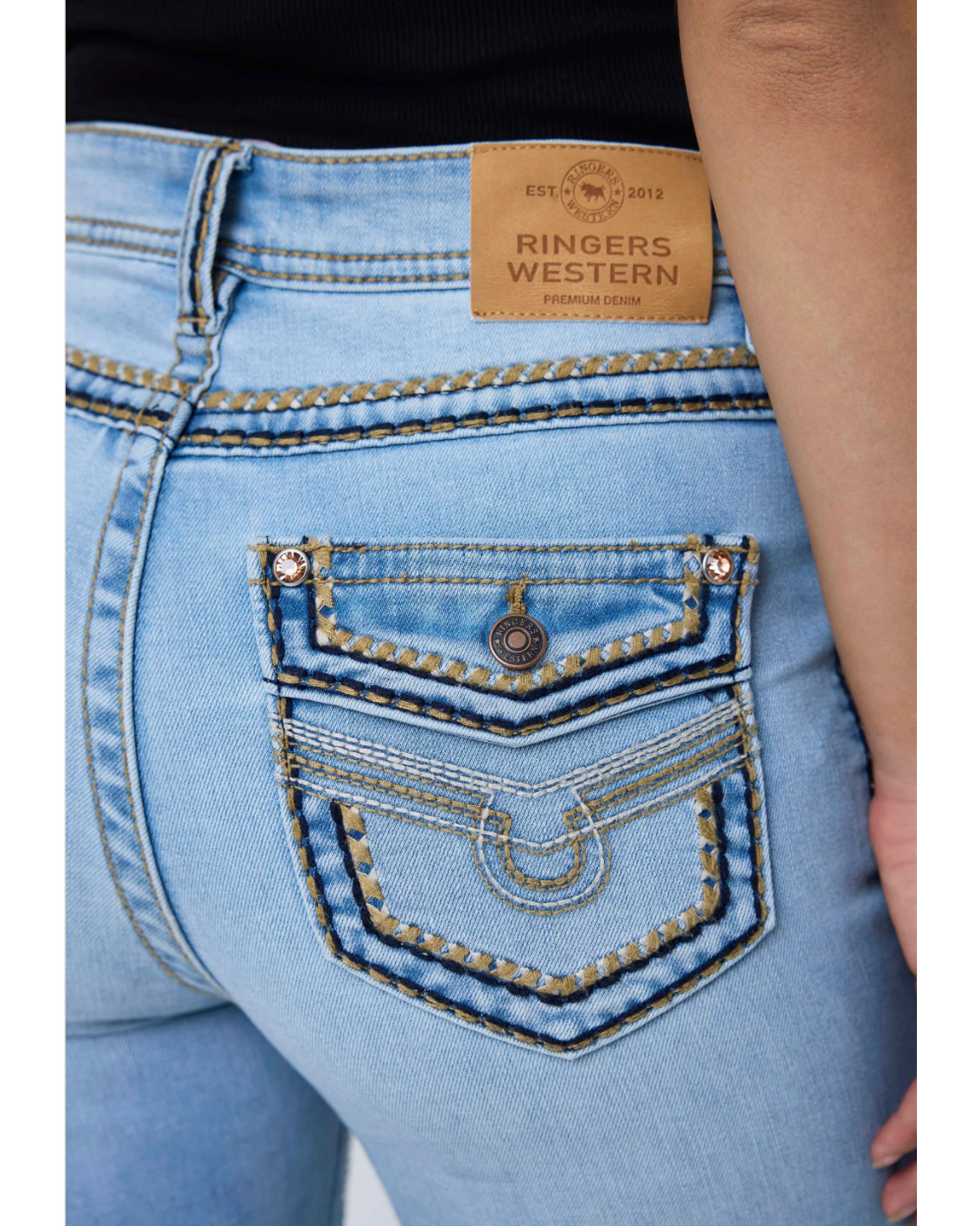 Ringers Western: Indi Rodeo Saddle Stitch Women's High Rise Wide Bootleg Jean in Light Blue - Texas Western New Zealand