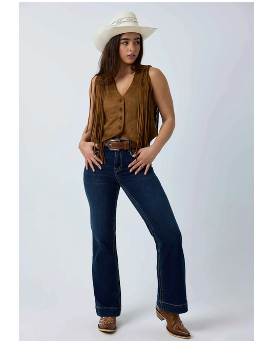 Ringers Western: Indi Rodeo Saddle Stitch Womens High Rise Wide Bootleg Jeans in dark blue with western stitching on the back pockets - Texas Western New Zealnd