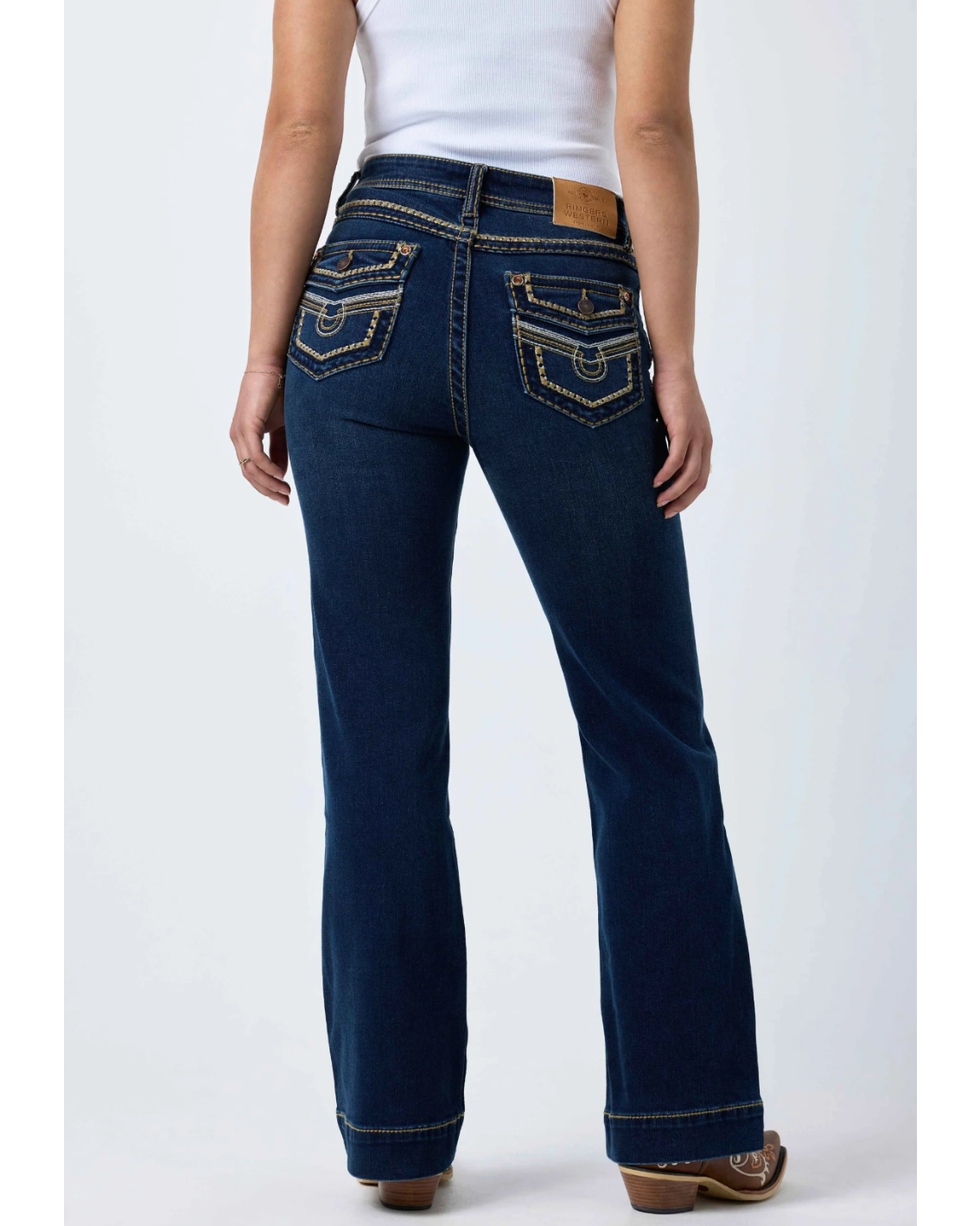 Ringers Western: Indi Rodeo Saddle Stitch Womens High Rise Wide Bootleg Jeans in dark blue with western stitching on the back pockets - Texas Western New Zealnd