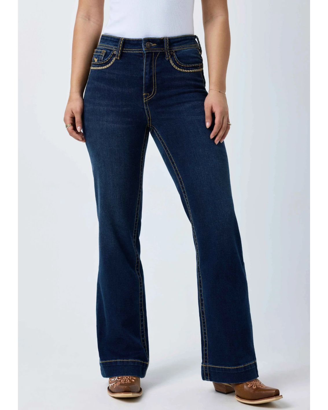 Ringers Western: Indi Rodeo Saddle Stitch Womens High Rise Wide Bootleg Jeans in dark blue with western stitching on the back pockets - Texas Western New Zealnd