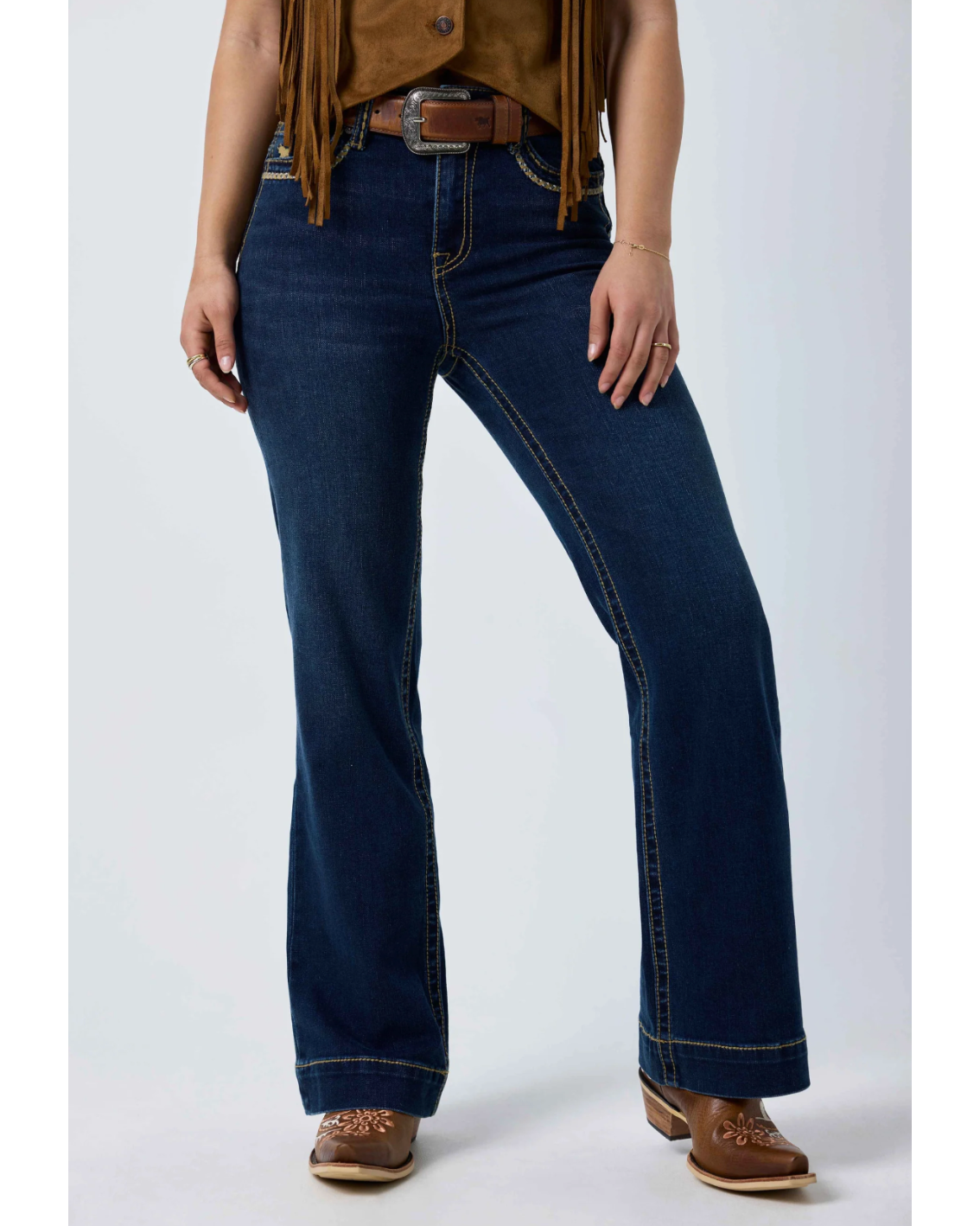 Ringers Western: Indi Rodeo Saddle Stitch Womens High Rise Wide Bootleg Jeans in dark blue with western stitching on the back pockets - Texas Western New Zealand