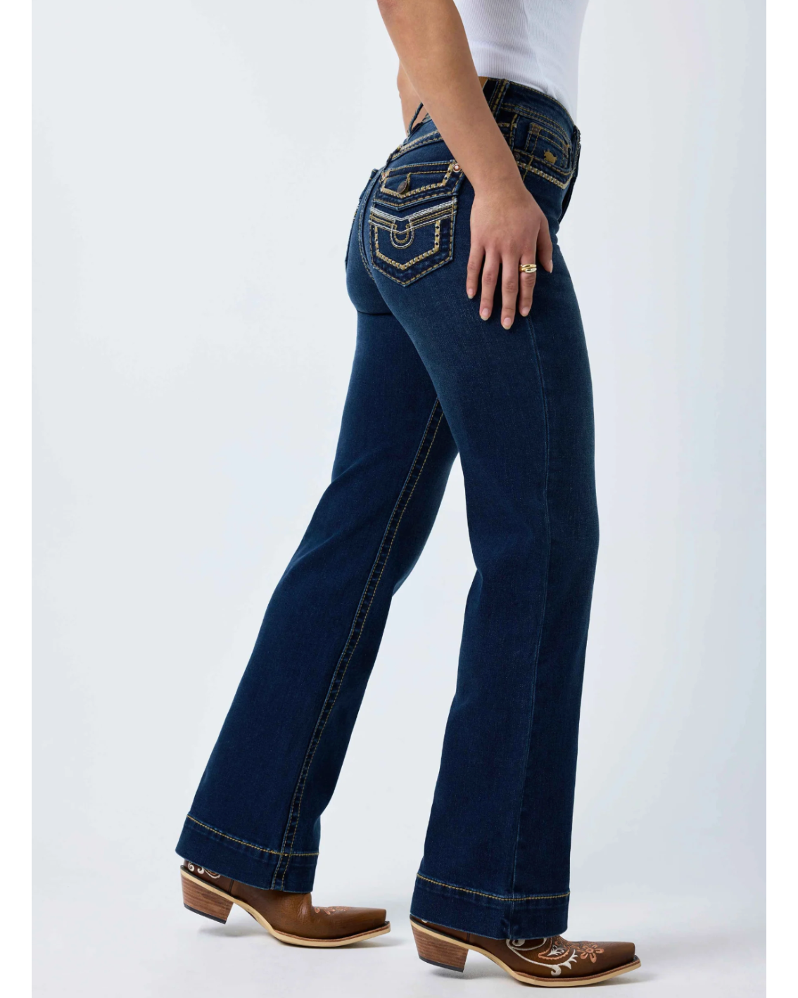 Ringers Western: Indi Rodeo Saddle Stitch Womens High Rise Wide Bootleg Jeans in dark blue with western stitching on the back pockets - Texas Western New Zealand