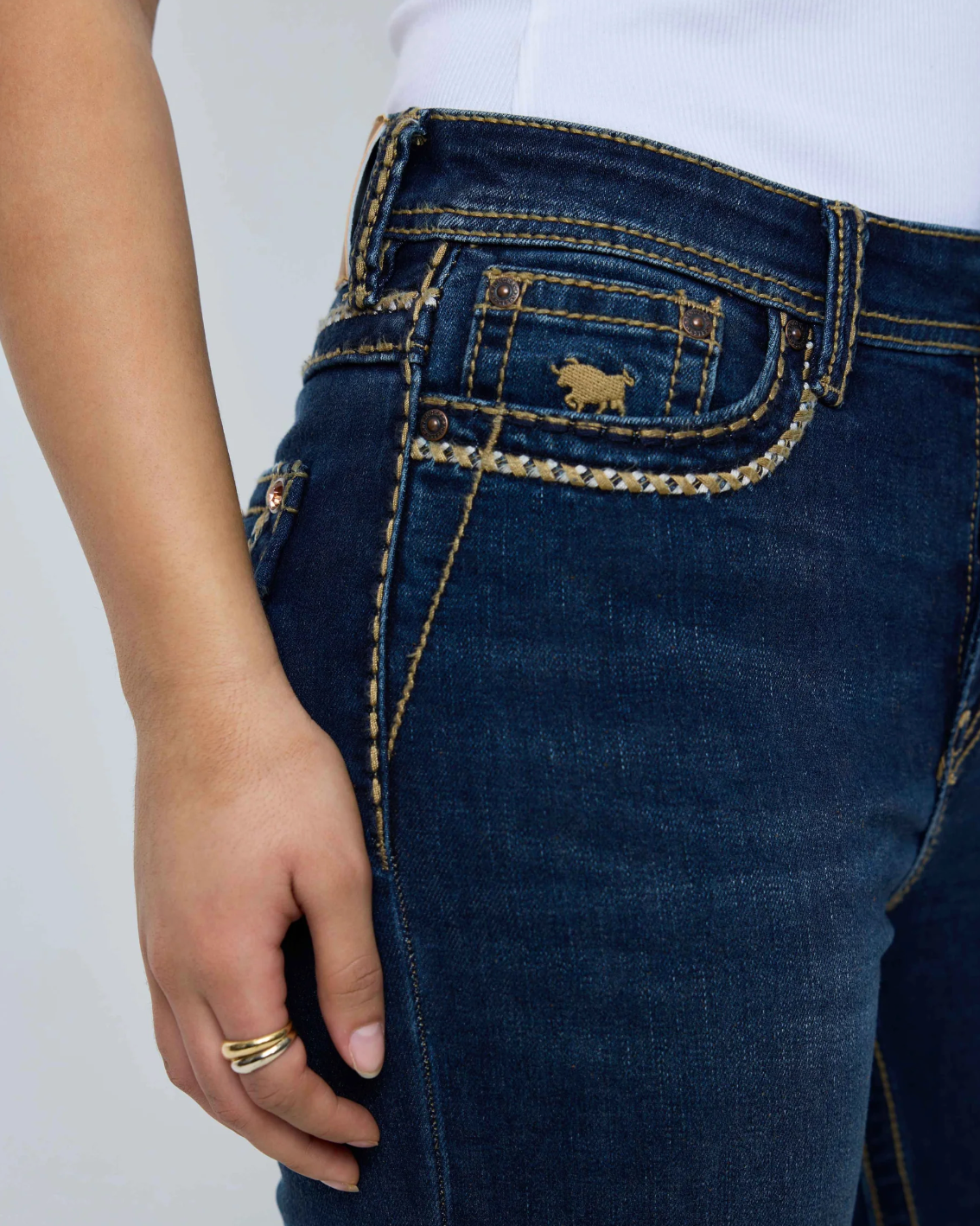 Ringers Western: Indi Rodeo Saddle Stitch Womens High Rise Wide Bootleg Jeans in dark blue with western stitching on the back pockets - Texas Western New Zealand