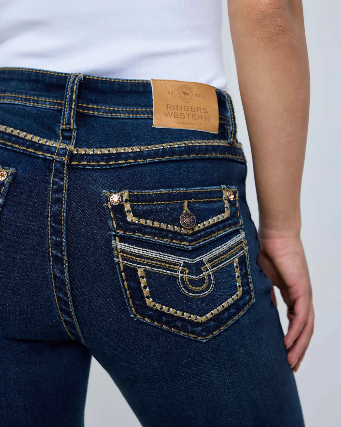 Ringers Western: Indi Rodeo Saddle Stitch Womens High Rise Wide Bootleg Jeans in dark blue with western stitching on the back pockets - Texas Western New Zealand