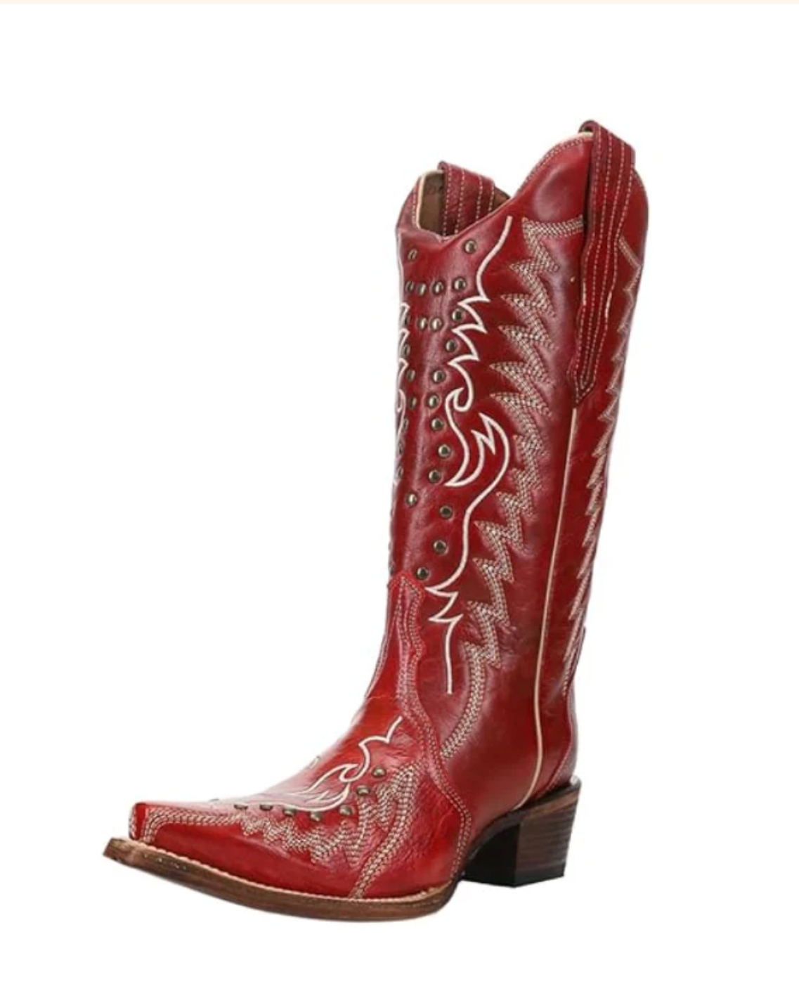 Circle G: Woman's Leather Snip Toe Cowboy Boots in Red with white western stitching and embroidery - Texas Western New Zealand