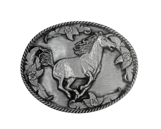 An oval silver-toned metal belt buckle featuring a detailed relief carving of a galloping horse, surrounded by floral motifs and a twisted rope border, shown on a plain white background.