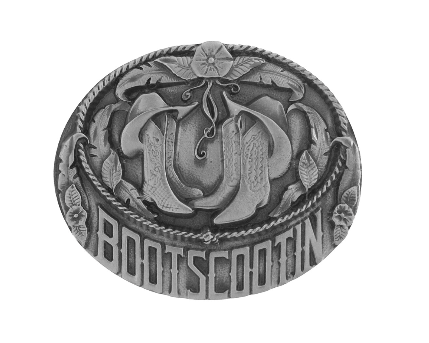 An oval silver-toned metal belt buckle featuring a western design with two cowboy boots, a rose, and the word 'BOOTSCOTIN' along the bottom edge, shown on a plain white background.