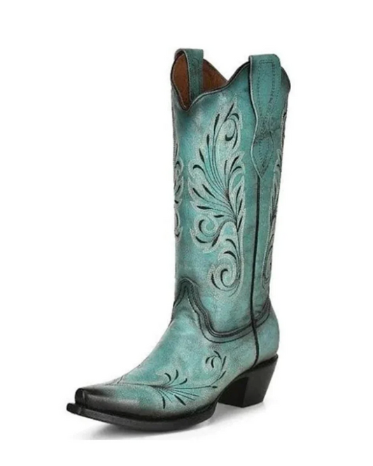 Circle G: Womans Leather Snip Toe Cowboy Boots in the colour Turquoise with black western stitching - Texas Western New Zealand
