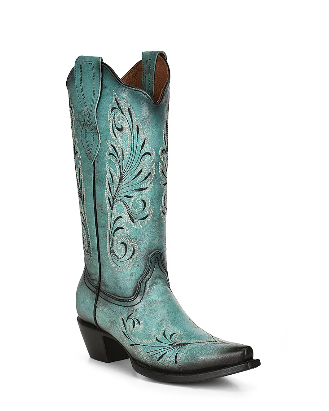 Circle G: Womans Leather Snip Toe Cowboy Boots in the colour Turquoise with black western stitching - Texas Western New Zealand
