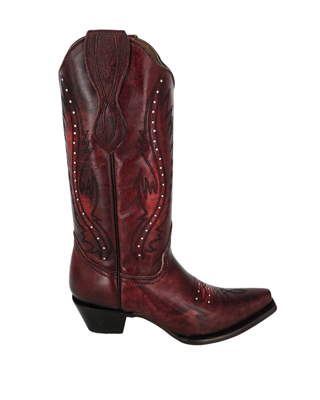 Circle G: Womans Snip Toe Leather Cowboy Boots with western Embroidery & Studs  in the colour Wine/dark red - Texas Western Apparel New Zealand