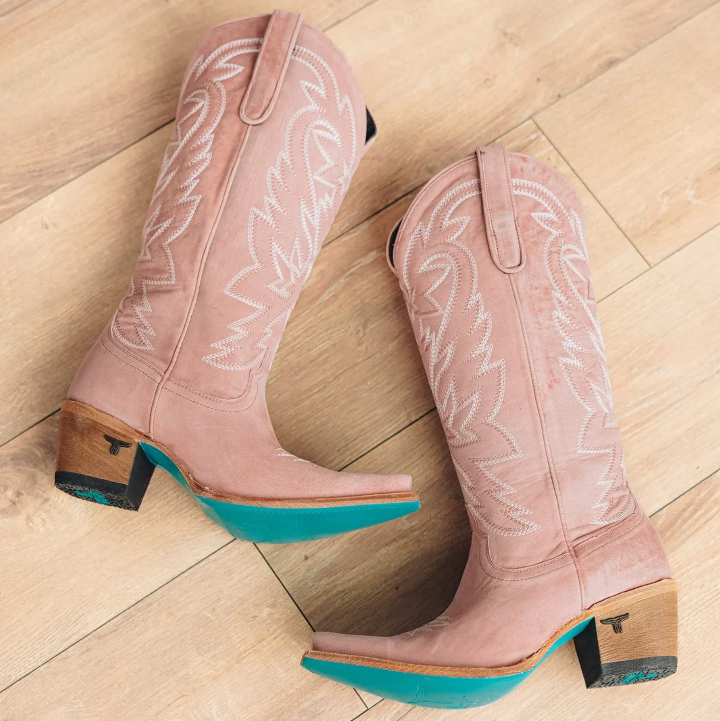 Lane Boots: Womans leather cowboy boot in blush pink with western stitching and embroidery - Texas Western New Zealand