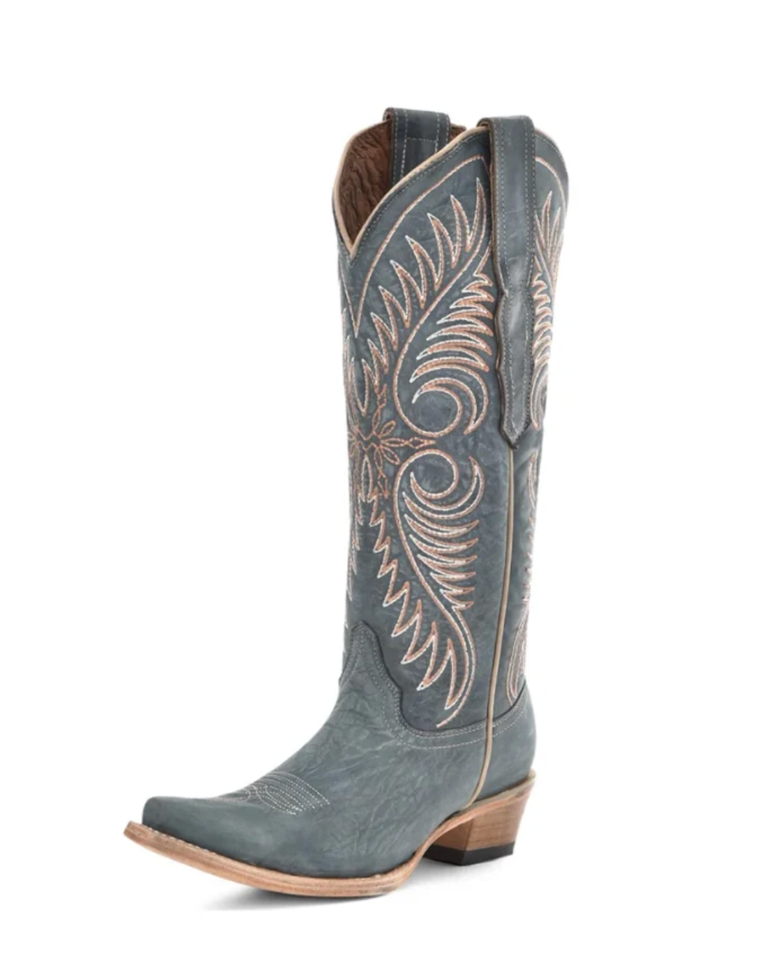 Circle G: Woman's Snip Toe Leather Cowboy Boots in Distressed Blue with western embroidery in tan - Texas Western New Zealand