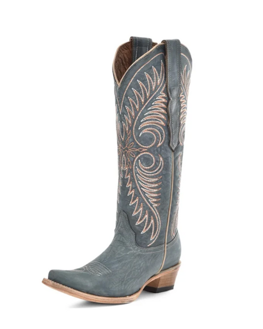 Circle G: Woman's Snip Toe Leather Cowboy Boots in Distressed Blue with western embroidery in tan - Texas Western New Zealand