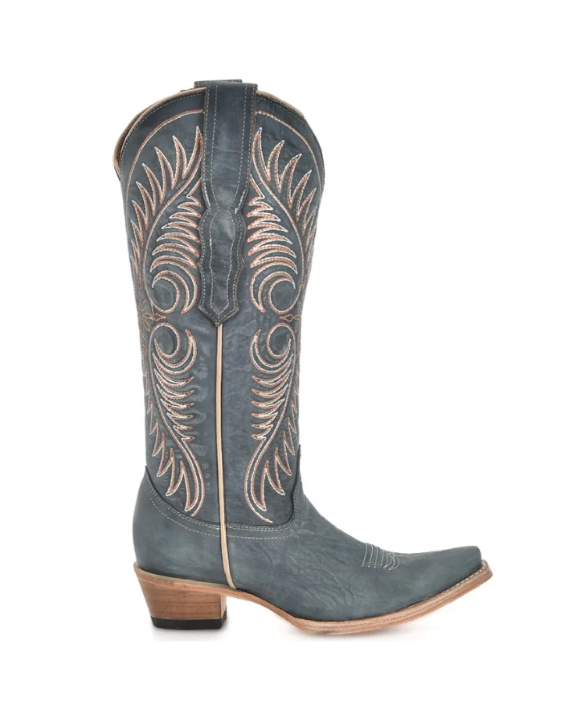 Circle G: Woman's Snip Toe Leather Cowboy Boots in Distressed Blue with western embroidery in tan - Texas Western New Zealand