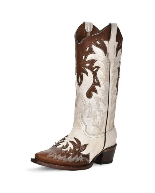 Circle G: Womans leather cowboy boots in the colour cream, with brown western overlay details - Texas Western New Zealand