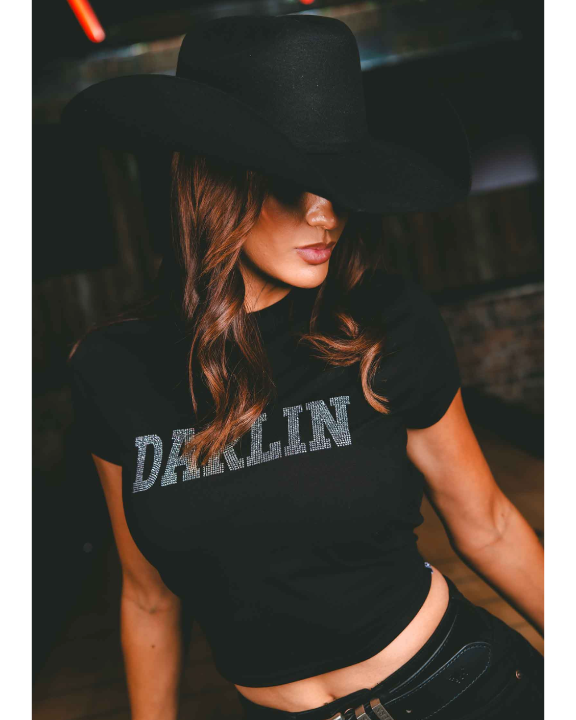 Ringers Western: Womans Darlin Baby Tee in black  with "darlin" in rhinstones on the front. Texas Western Apparel New Zealand
