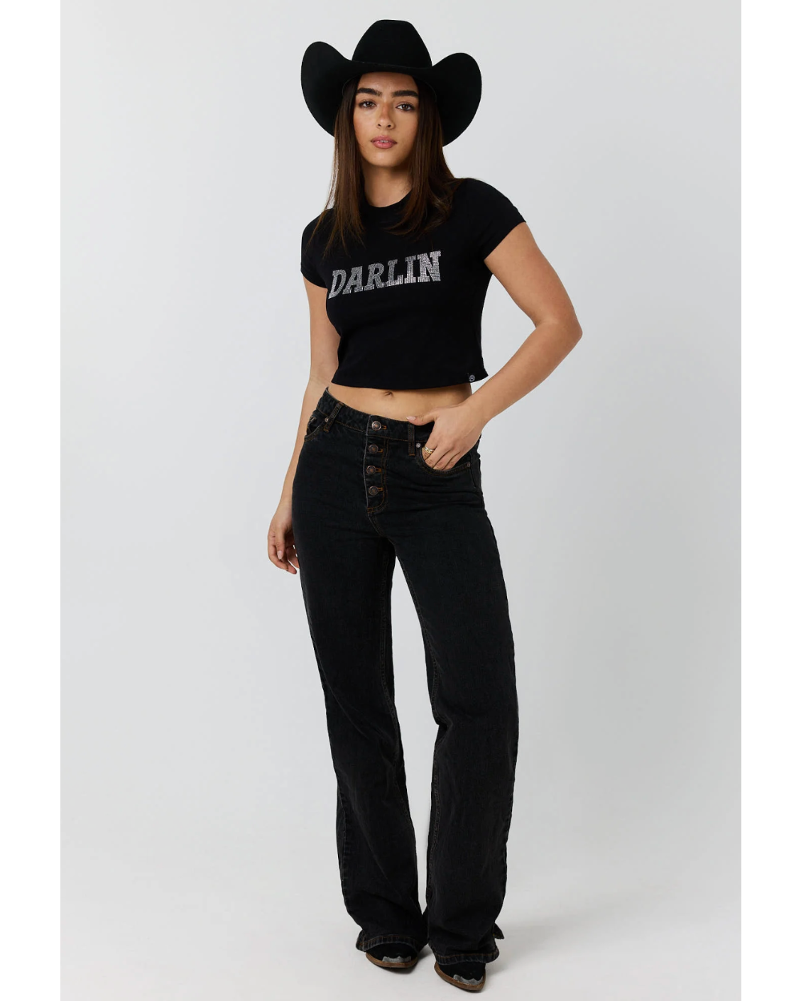 Ringers Western: Womans Darlin Baby Tee in black  with "darlin" in rhinstones on the front. Texas Western Apparel New Zealand