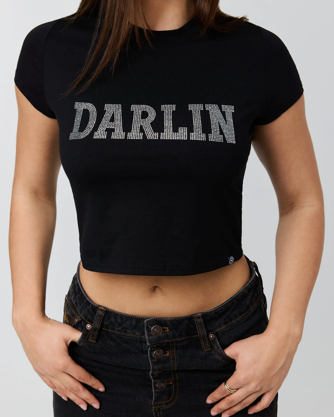 Ringers Western: Womans Darlin Baby Tee in black  with "darlin" in rhinstones on the front. Texas Western Apparel New Zealand