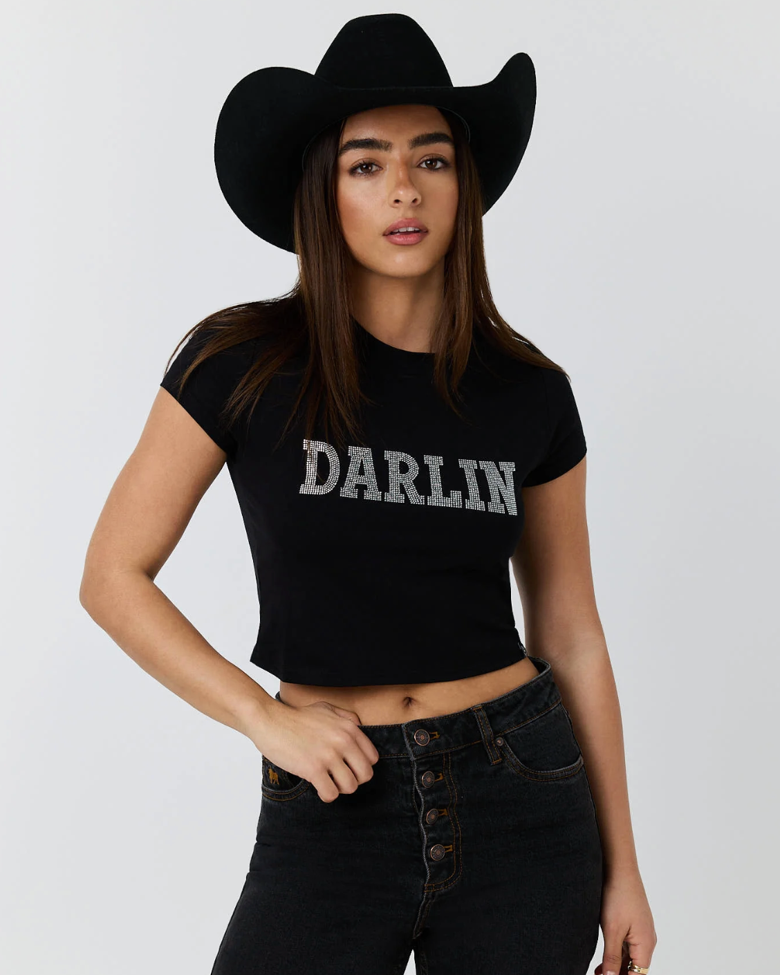Ringers Western: Womans Darlin Baby Tee in black  with "darlin" in rhinstones on the front. Texas Western Apparel New Zealand
