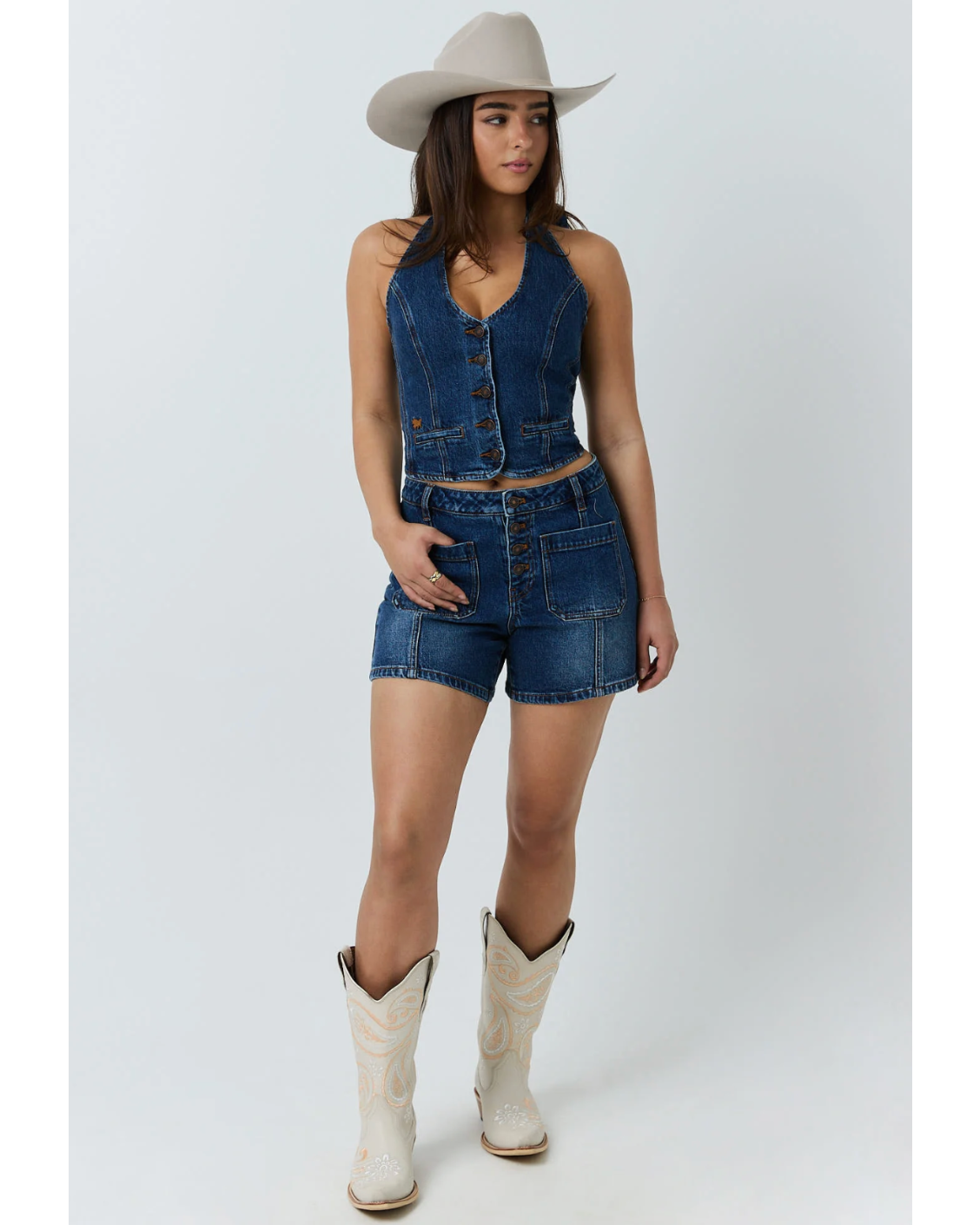 Ringers Western: Annabelle Button Front Denim Halter Vest - Texas Western Apparel New Zealand