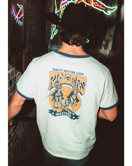 Ringers Western: Dust N Ropes Mens Western Ringer T-Shirt. 100% Cotton - Texas Western Apparel New Zealand