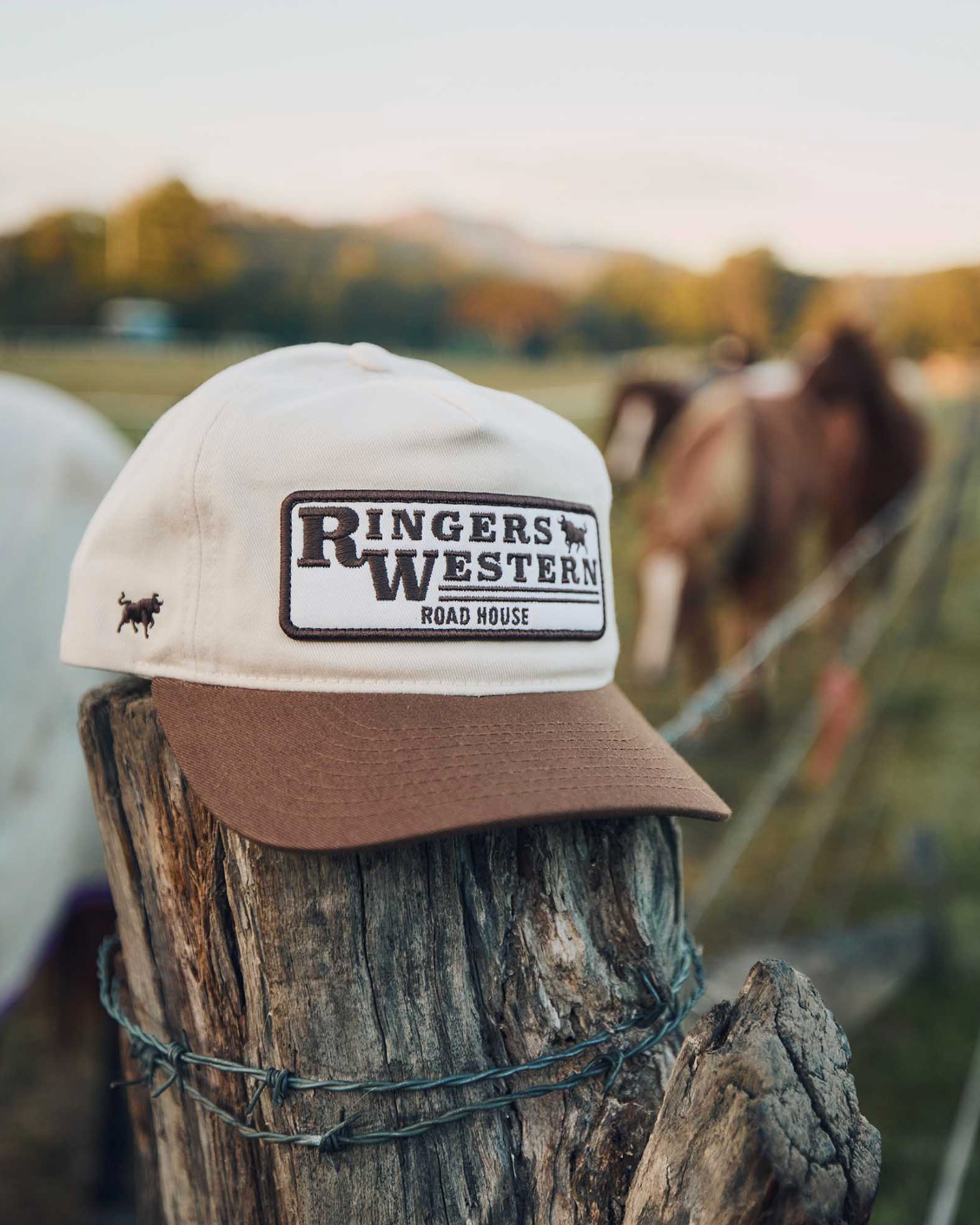 Ringers Western: The Original Roadhouse Cap in the colour Bone/Brown featuring an embroidery patch on the front - Texas Western Apparel