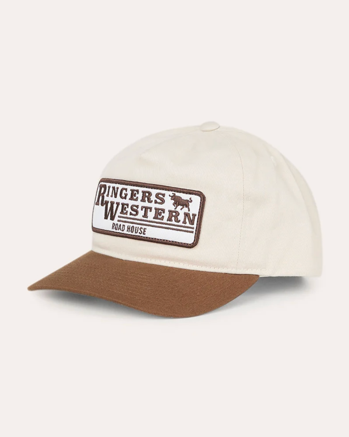 Ringers Western: The Original Roadhouse Cap in the colour Bone/Brown featuring an embroidery patch on the front - Texas Western Apparel