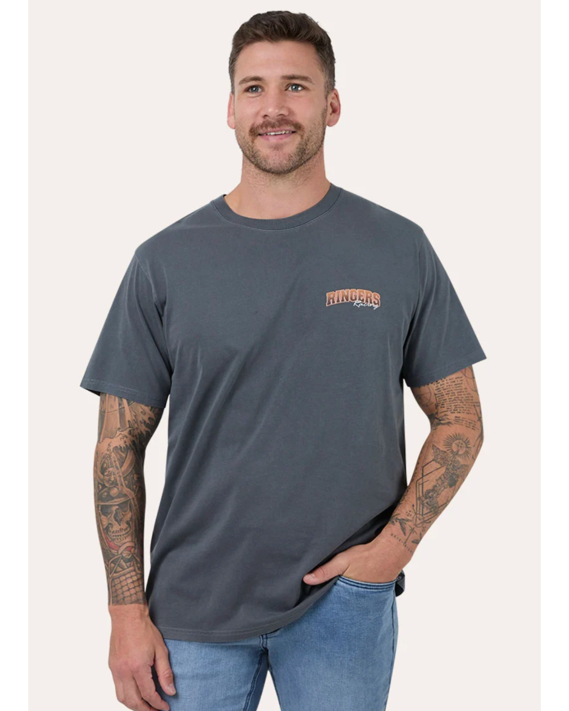 Ringers Western: Mens 100% Cotton Loose Fit Tee Shirt in the colour washed black. Featuring a race car graphic on the back of the tee and small ringers graphic on the front of the tee shirt - Texas Western Apparel New Zealand 