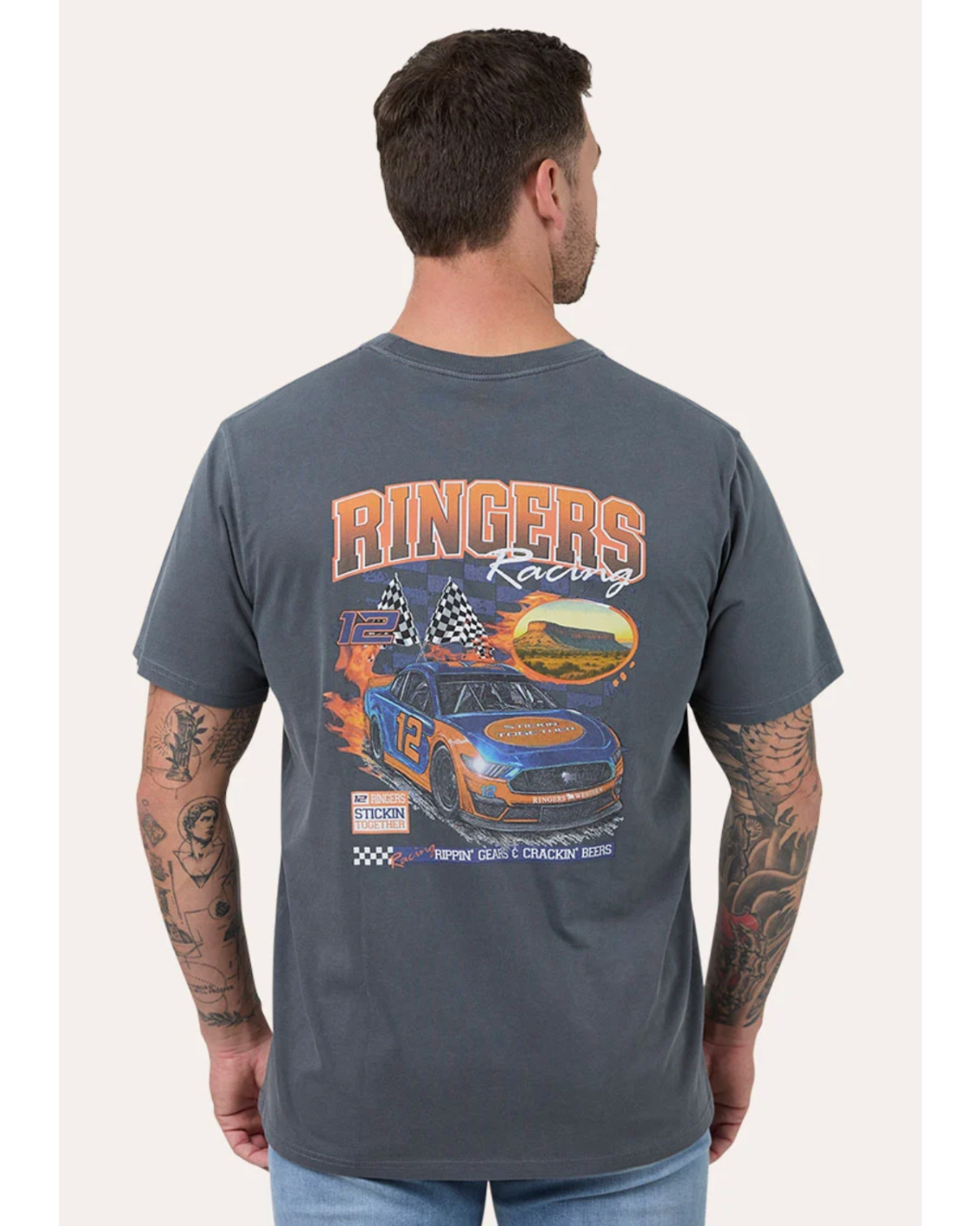 Ringers Western: Mens 100% Cotton Loose Fit Tee Shirt in the colour washed black. Featuring a race car graphic on the back of the tee and small ringers graphic on the front of the tee shirt - Texas Western Apparel New Zealand 