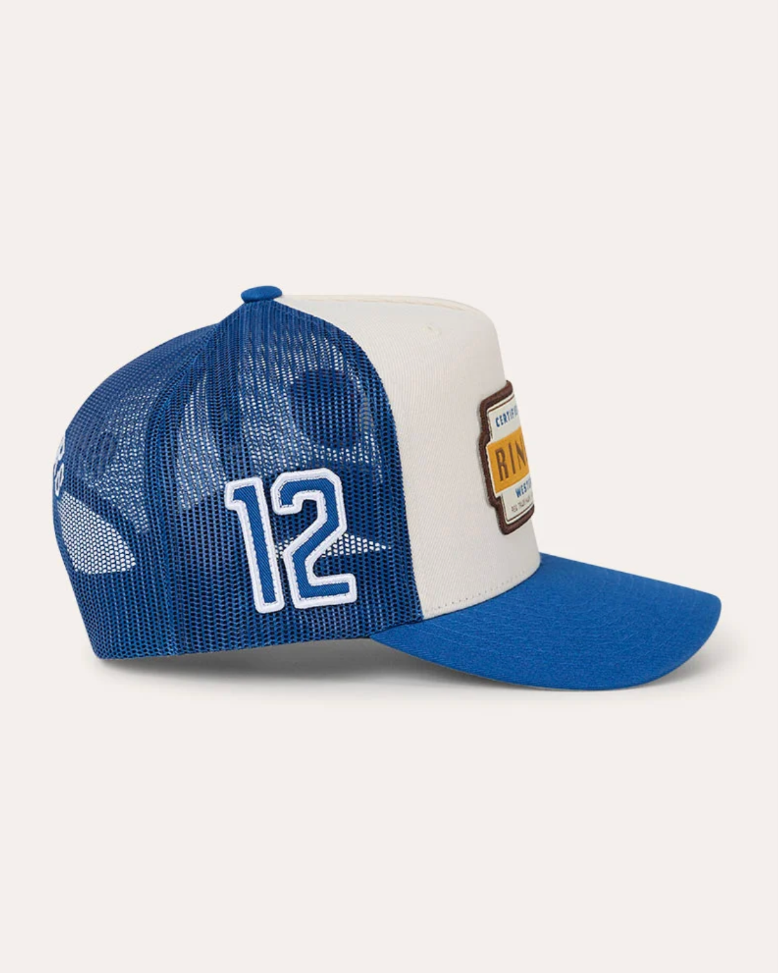 Ringers Western: Deep Fit Trucker Cap in Cream and Blue with an embroidered western patch on the front of the cap - Texas Western Apparel New Zealand