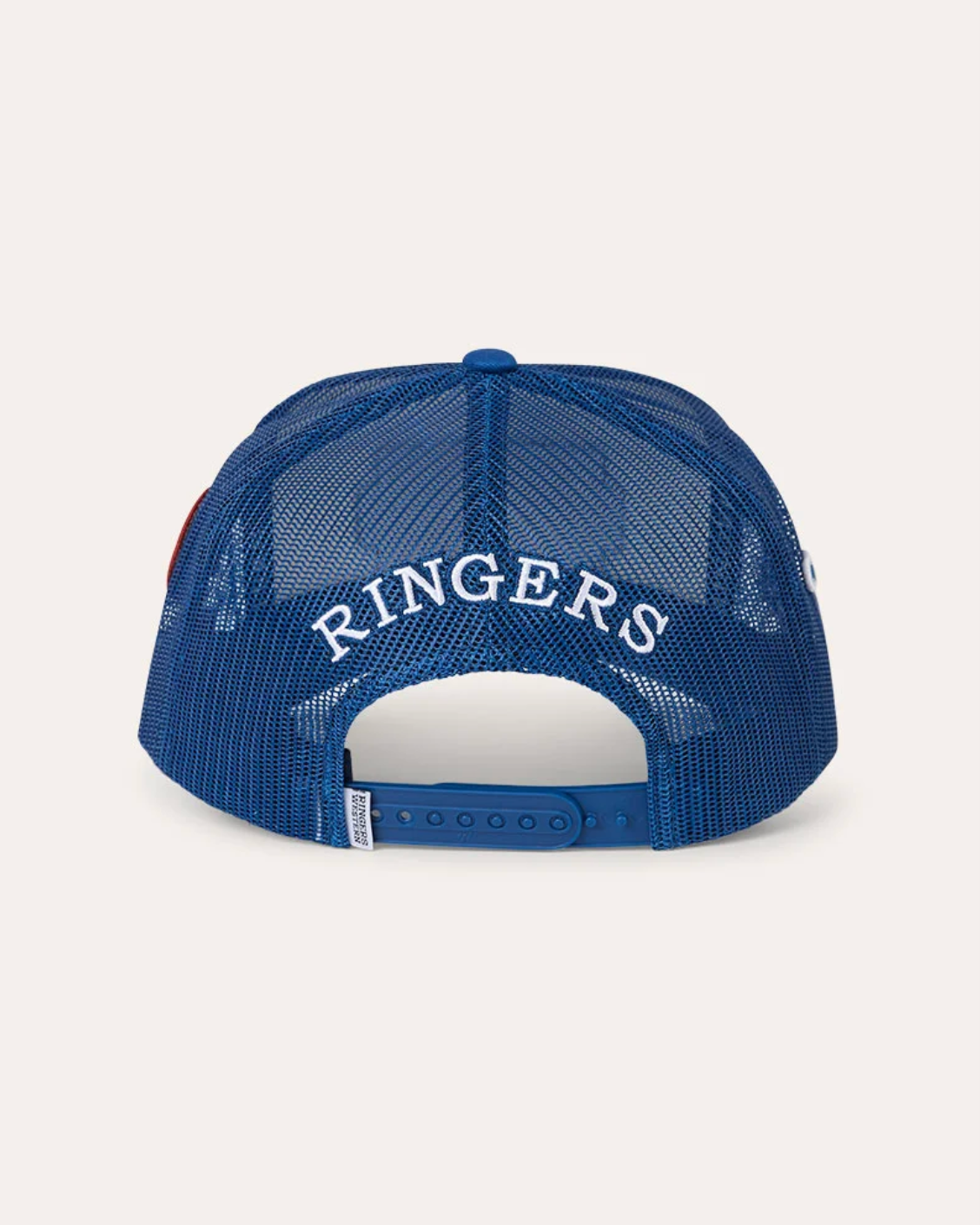 Ringers Western: Deep Fit Trucker Cap in Cream and Blue with an embroidered western patch on the front of the cap - Texas Western Apparel New Zealand