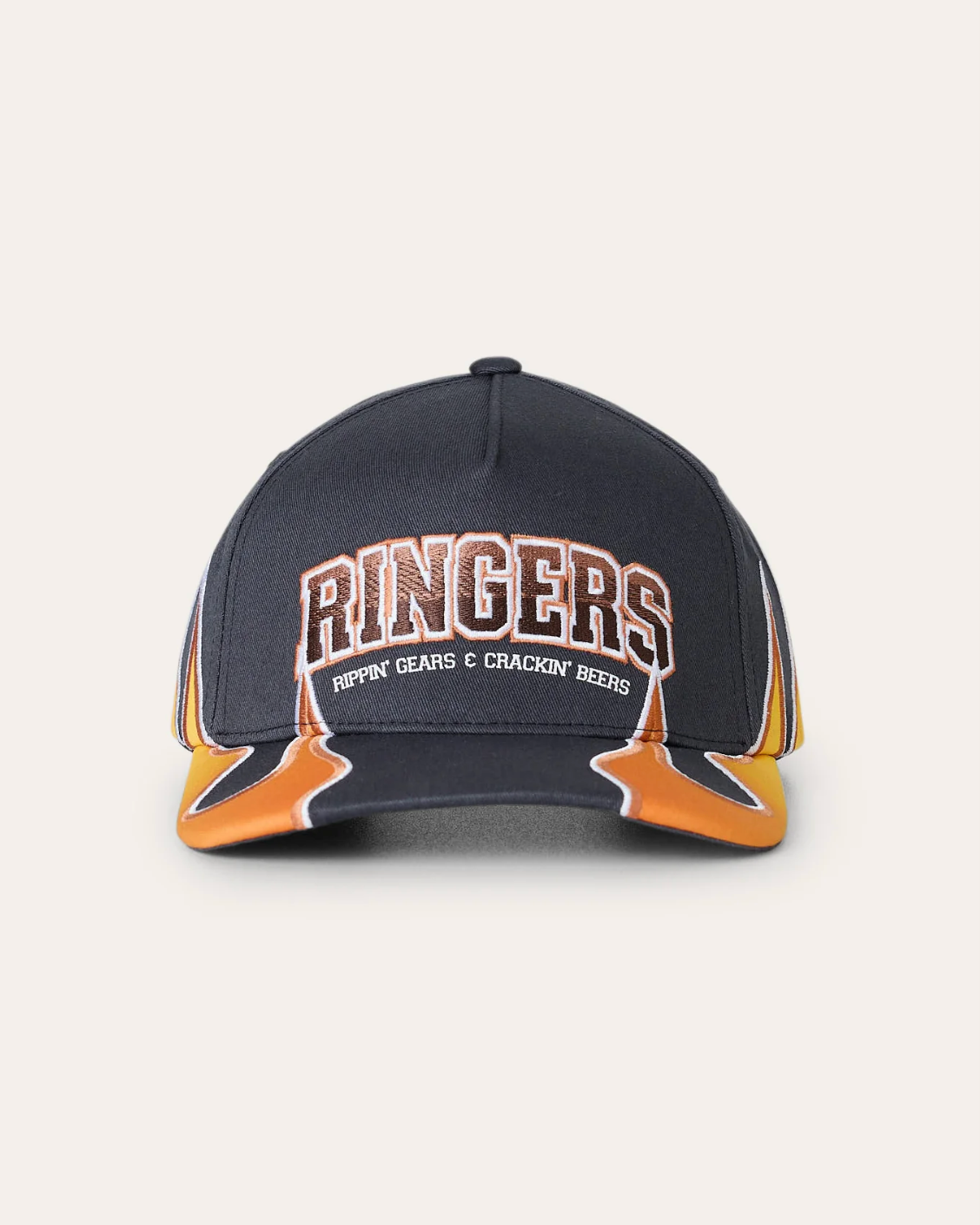 Ringers Western: ringers Racing Baseball Cap in washed navy, with flames and racing flags graphic - Texas Western Apparel New Zealand